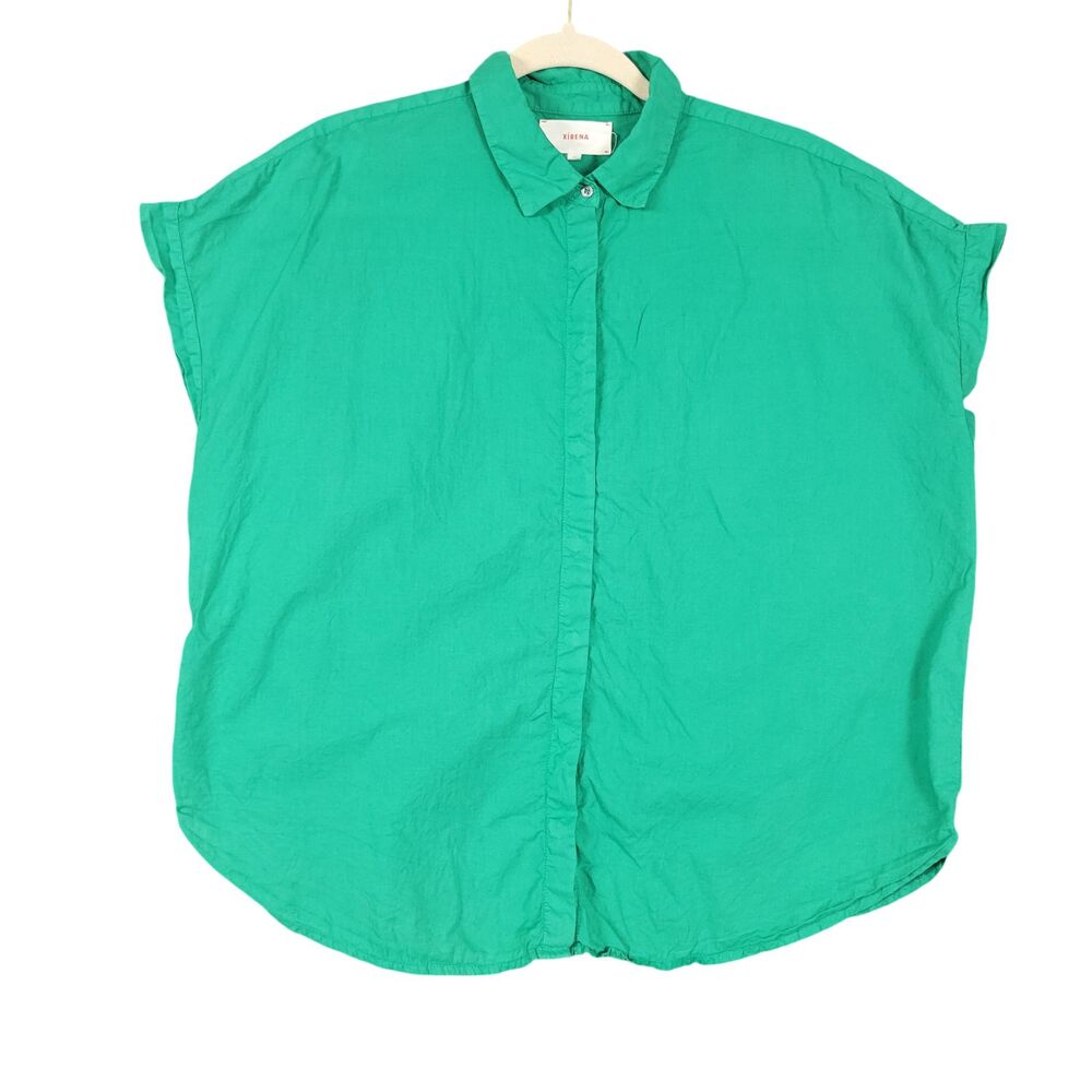 XIRENA Green 100% Cotton Boxy Dolman Collared Button Up Top Casual SIZE SMALL